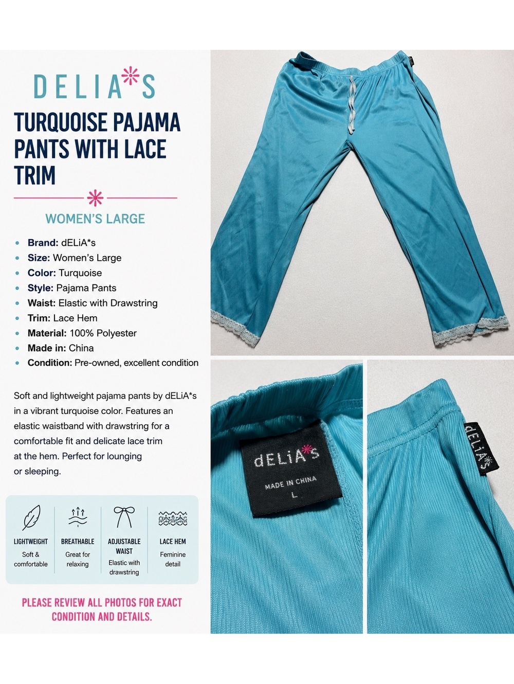 dELiA*s Women’s Pajama Pants Size Large Turquoise Blue Lace Trim Drawstring